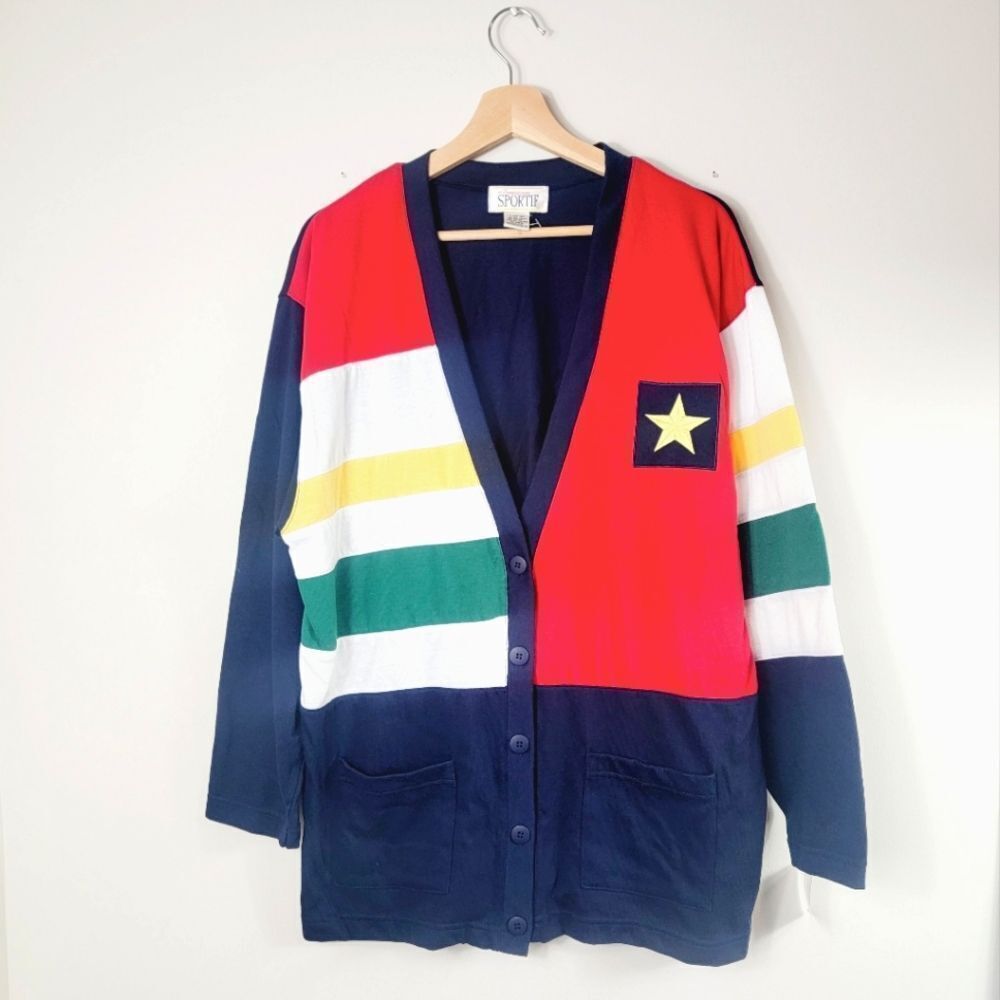 Vintage NWT American Sportif Oversized Polo Nautical Cardigan Star Patch Size L